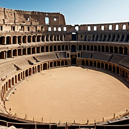 Home 6 **Gladiator Colosseum Set in Malta:** Epic scene. Recreate the massive Colosseum set built in Malta for the movie *Gladiator*. Roman soldiers, dramatic lighting, dusty arena. Wide shot.
