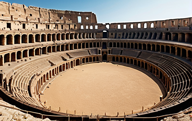 **Gladiator Colosseum Set in Malta:** Epic scene. Recreate the massive Colosseum set built in Malta for the movie *Gladiator*. Roman soldiers, dramatic lighting, dusty arena. Wide shot.