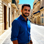 A professional individual in modest, smart-casual attire, walking through a charming, sunlit street in Valletta, Malta. The background features classic Maltese limestone buildings with intricate balconies and traditional wooden doors, hinting at both residential and commercial spaces. The scene captures the blend of historical architecture and modern urban life. The individual has well-formed hands and natural body proportions. Fully clothed, appropriate attire, safe for work, perfect anatomy, correct proportions, natural pose, professional photography, high quality, realistic, appropriate content, professional.