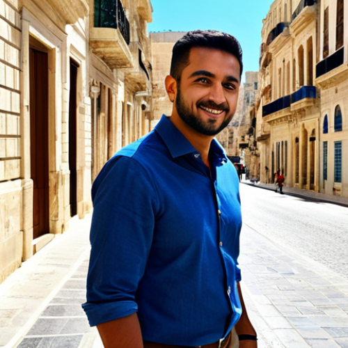 A professional individual in modest, smart-casual attire, walking through a charming, sunlit street in Valletta, Malta. The background features classic Maltese limestone buildings with intricate balconies and traditional wooden doors, hinting at both residential and commercial spaces. The scene captures the blend of historical architecture and modern urban life. The individual has well-formed hands and natural body proportions. Fully clothed, appropriate attire, safe for work, perfect anatomy, correct proportions, natural pose, professional photography, high quality, realistic, appropriate content, professional.