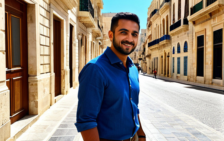 A professional individual in modest, smart-casual attire, walking through a charming, sunlit street in Valletta, Malta. The background features classic Maltese limestone buildings with intricate balconies and traditional wooden doors, hinting at both residential and commercial spaces. The scene captures the blend of historical architecture and modern urban life. The individual has well-formed hands and natural body proportions. Fully clothed, appropriate attire, safe for work, perfect anatomy, correct proportions, natural pose, professional photography, high quality, realistic, appropriate content, professional.